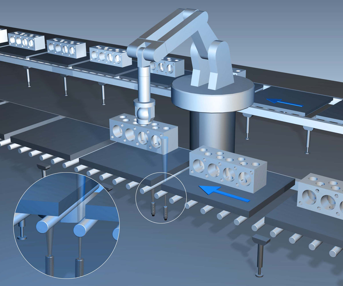 Inductive sensors check the presence and position of workpiece carriers